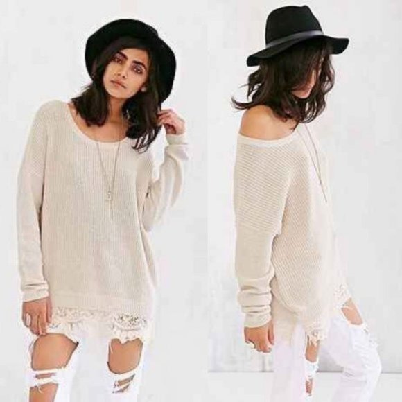 Pins & Needles Beige Oversized Sweater w/ Lace Trim - Picture 1 of 5
